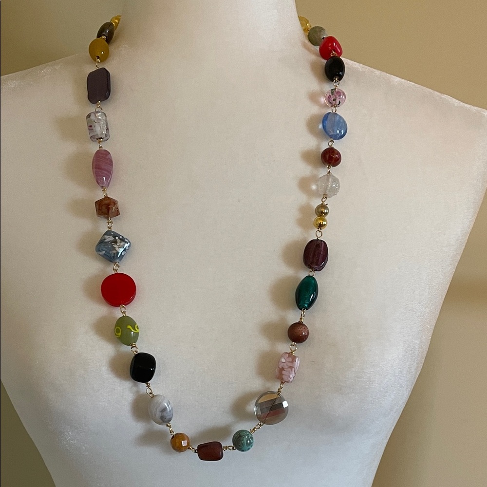 HAND CRAFTED MULTI+COLOR STATEMENT NECKLACE Eclectic Mixed Stone Glass Bohemian